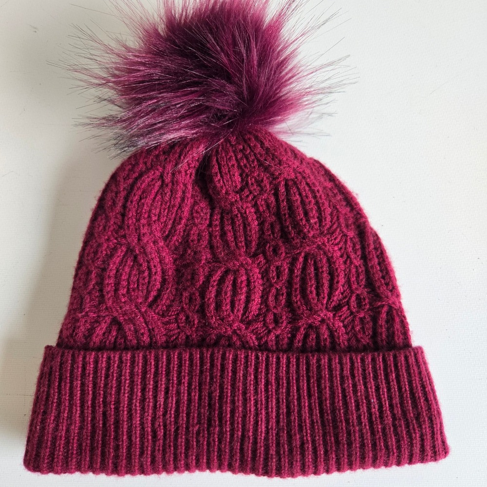 Nordstrom Burgundy Wool Recycled Cashmere Cable Knit Faux Fur Pom Beanie‎ Hat OS